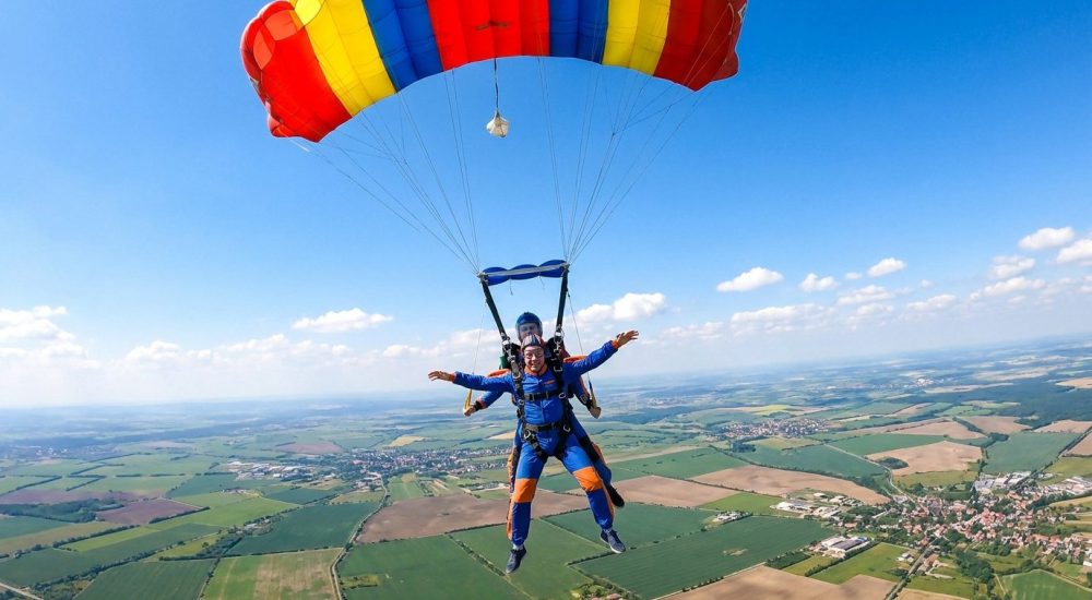 Un homme en tenue de parachutisme effectue un saut en tandem sous un grand parachute coloré au-dessus d'un paysage rural.
