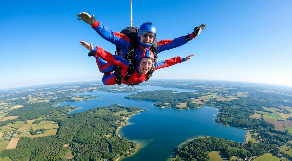 Un tandem de parachutistes en chute libre au-dessus des lacs de la Forêt d'Orient près de Troyes.