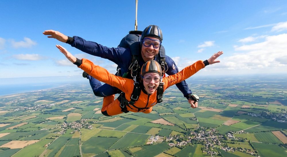 Une femme en combinaison orange effectue un saut en parachute en tandem avec un moniteur au-dessus d'une campagne.