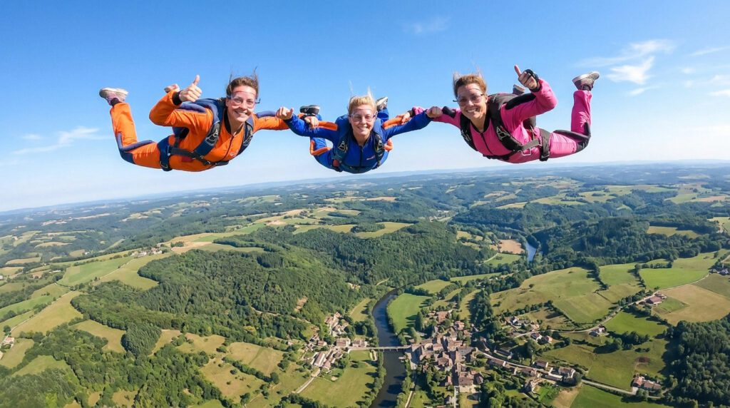 Trois femmes en combinaisons colorées sautent en parachute au-dessus d'un paysage verdoyant et d'un village.