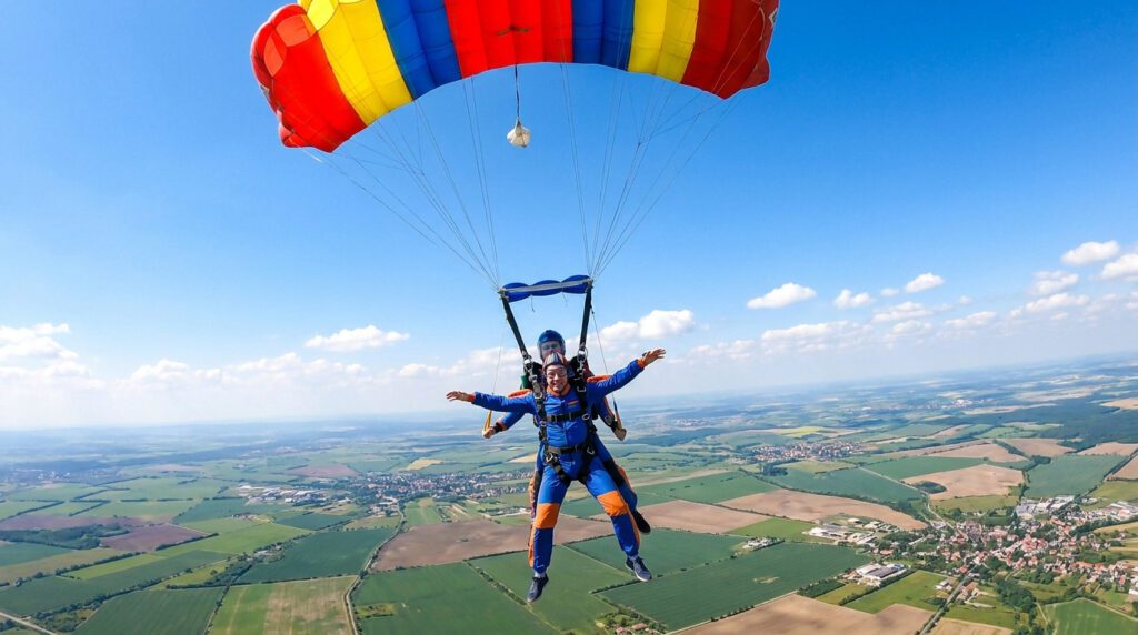 Un homme en tenue de parachutisme effectue un saut en tandem sous un grand parachute coloré au-dessus d'un paysage rural.