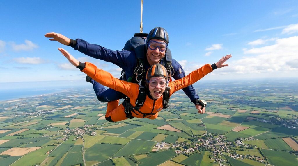 Une femme en combinaison orange effectue un saut en parachute en tandem avec un moniteur au-dessus d'une campagne.